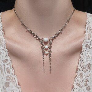 Fairy whimsical gothic victorian white pearls and silver double rosary necklace